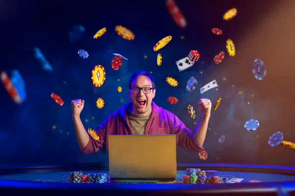 A person using their device against a moody casino-themed background, illustrating the smooth re-entry process at AMJILI.